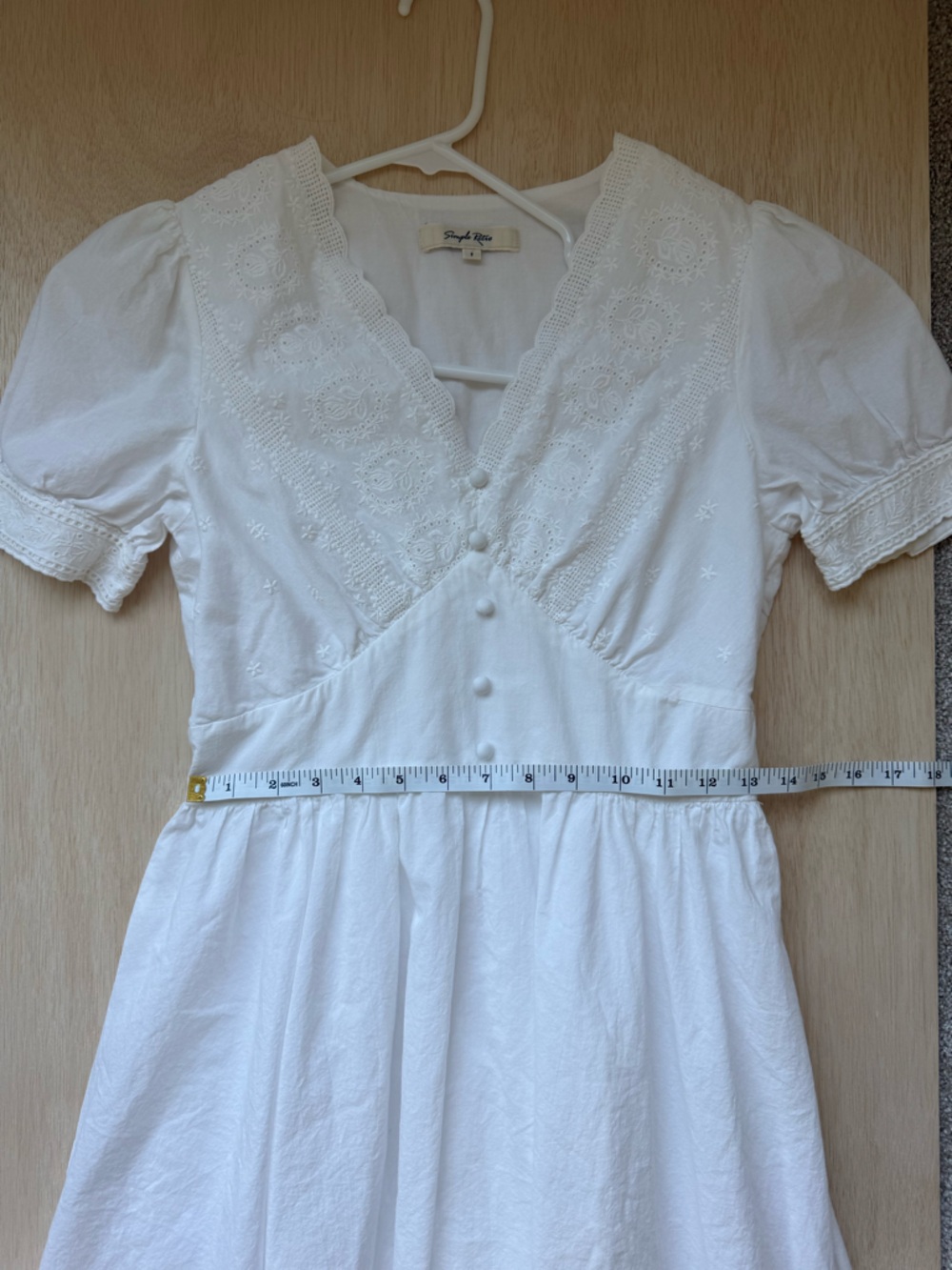 100% Cotton White Eyelet Midi Dress with Lace-Trim V-Neck Simple Retro - Picture 9 of 9